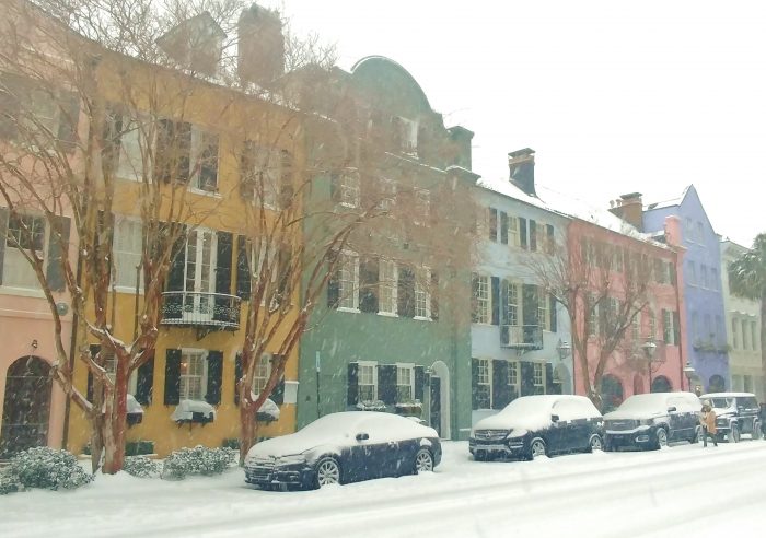 Rainbow Row is rarely seen in the middle of a snowstorm.