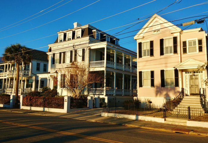 These houses, basking in the late afternoon sun, look across Rutledge Avenue to Colonial Lake. The area that the lake now encompasses was first set aside for public use in 1768, but was not developed until the mid/late 1800's.