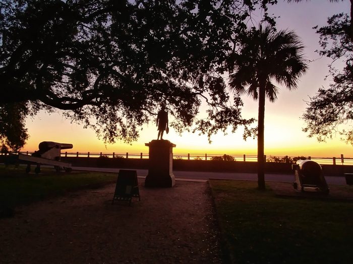 General Moultrie is greeting the dawn at White Point Garden, as he looks across the harbor to the fort that bears his name on Sullivan's Island. 