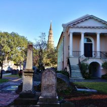 This beautiful view can be found in the Circular Church's graveyard. The graveyard is the oldest English burial ground still in existence in Charleston. The earliest grave, which is unmarked, dates back to 1685!