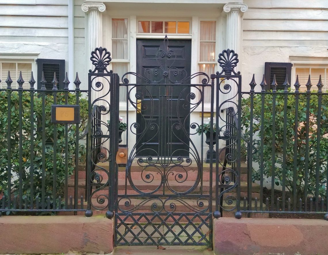 This beautiful gate fronts the house at 75 Tradd Street, which was built in about 1815 by Dr. Aaron Leland. Leland served as the minister at the nearby First Scots Presbyterian Church -- which is the fifth oldest in Charleston. While traffic was not as much of an issue then, he did ensure he would have a short commute.