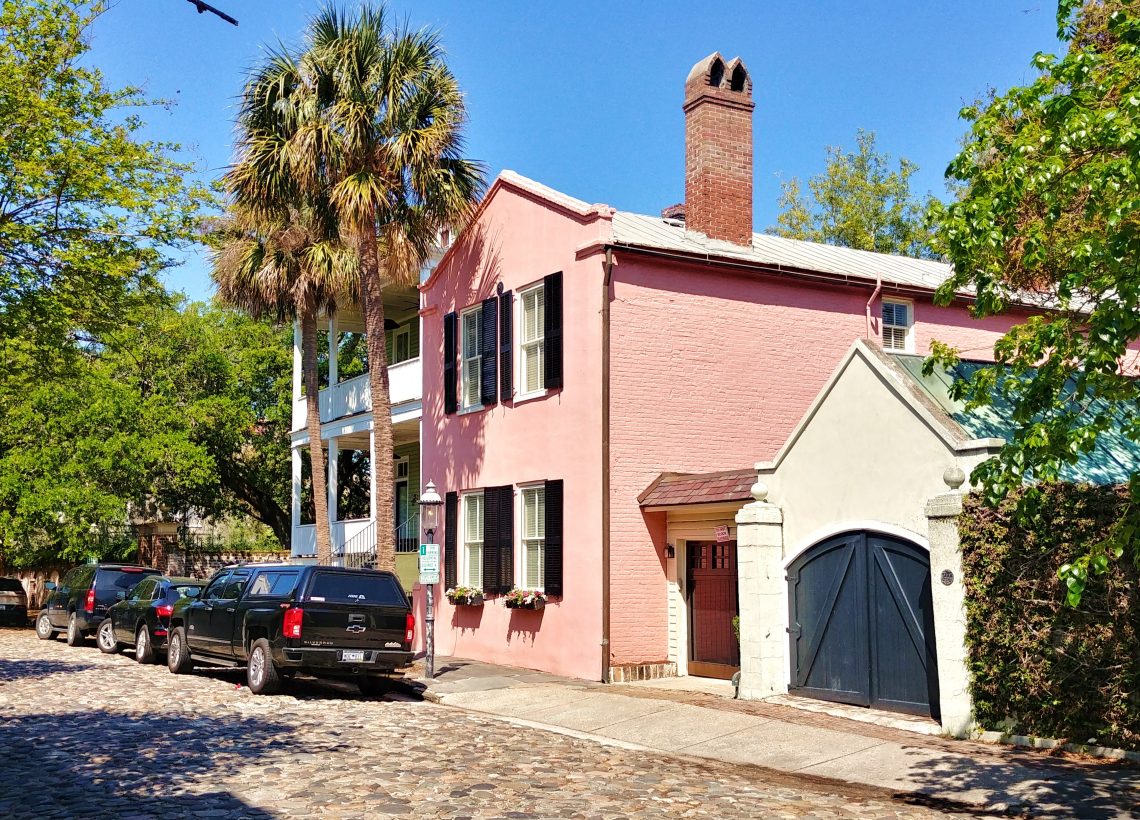 This cool pink house is located on Chalmers Street, one of eight active cobblestone streets in Charleston. While not so good for your car's suspension, local wisdom has it that riding down them is good to help induce labor if you are pregnant.