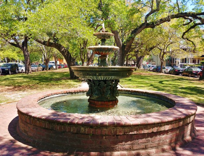 This beautiful fountain, surrounded by some wonderful  Live Oak trees, is in Wragg Mall. It's a great little spot to sit and relax, especially if you are visiting the nearby Aiken-Rhett House.