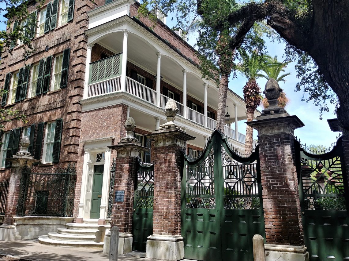 The Simmons-Edwards House on Legare Street is one of the most spectacular houses and properties in Charleston. It is ore popularly known as the Pineapple Gates House, for obvious but inaccurate reasons. The "pineapples" are actual stylized Italian pine cones. But, pineapples would be good too, as they symbolize "welcome" or "hospitality."