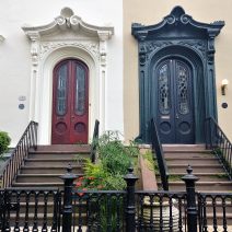 These almost twin doors are part of Bee's Block, which is a stretch of connected houses on Bull Street.  There is another pair on the block as well. They're all gorgeous and a pleasure to see every time you go by.