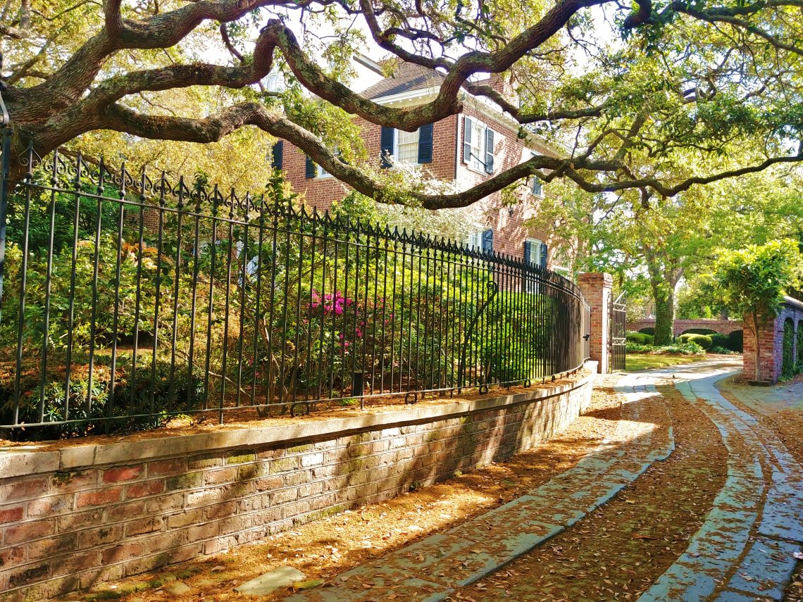 This beautiful driveway, bordered by a great iron fence and a majestic live oak, leads to a handsome brick house on Legare Street. This block, between Tradd Street and Lamboll Street, holds some of the most wonderful Charleston houses -- including the Sword Gate house, which is on the market for about $20 million.