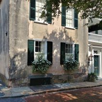 This beautiful house on the bricked portion of Church Street was built in 1794. Interestingly, the stucco still shows evidence of early lime wash and paint color. Cool window boxes too.