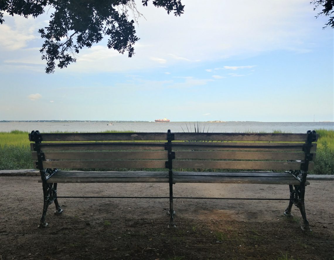 Directly in front of this well situated bench lies Shutes Folly -- the island home of Castle Pinckney. Now privately owned, not much goes on there, but it does fly a multitude of flags.