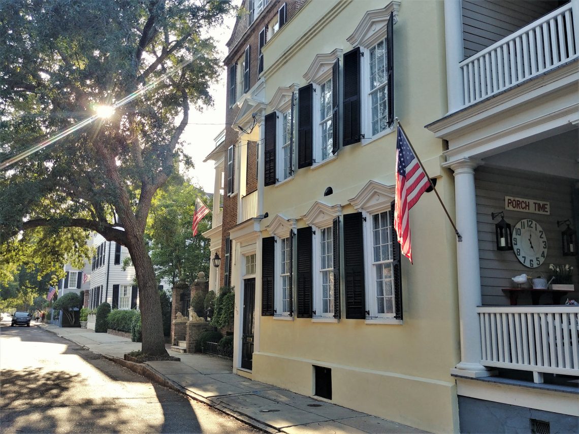 A beautiful afternoon on Tradd Street. One of the great things about Charleston houses is that almost every one has an interesting story. The house with the flag on the left was built in 1850 by William C. Bee, who ran one of the leading blockade running businesses during the American Civil War (he also built Bee's Block). That's not something today's builders can claim!