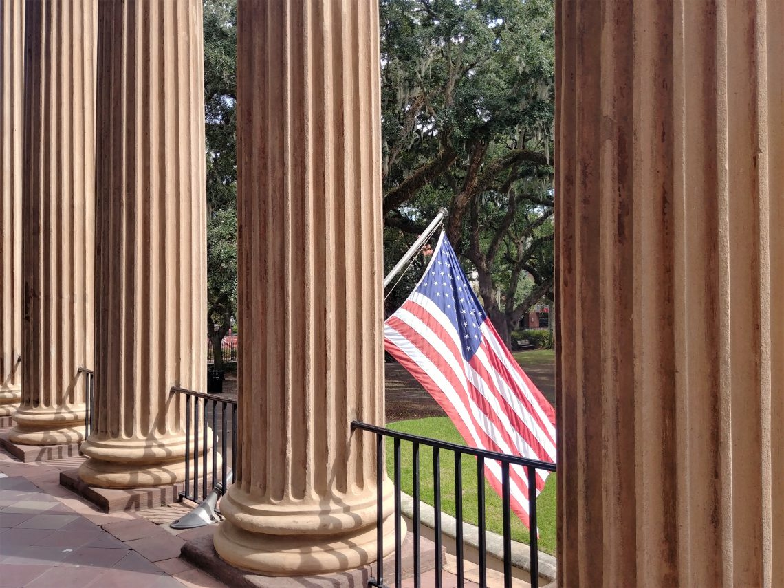 A view from behind the columns of Randolph Hall in the heart of the College of Charleston. Built in 1828-29, it is one of the oldest college buildings still in use in the United States.