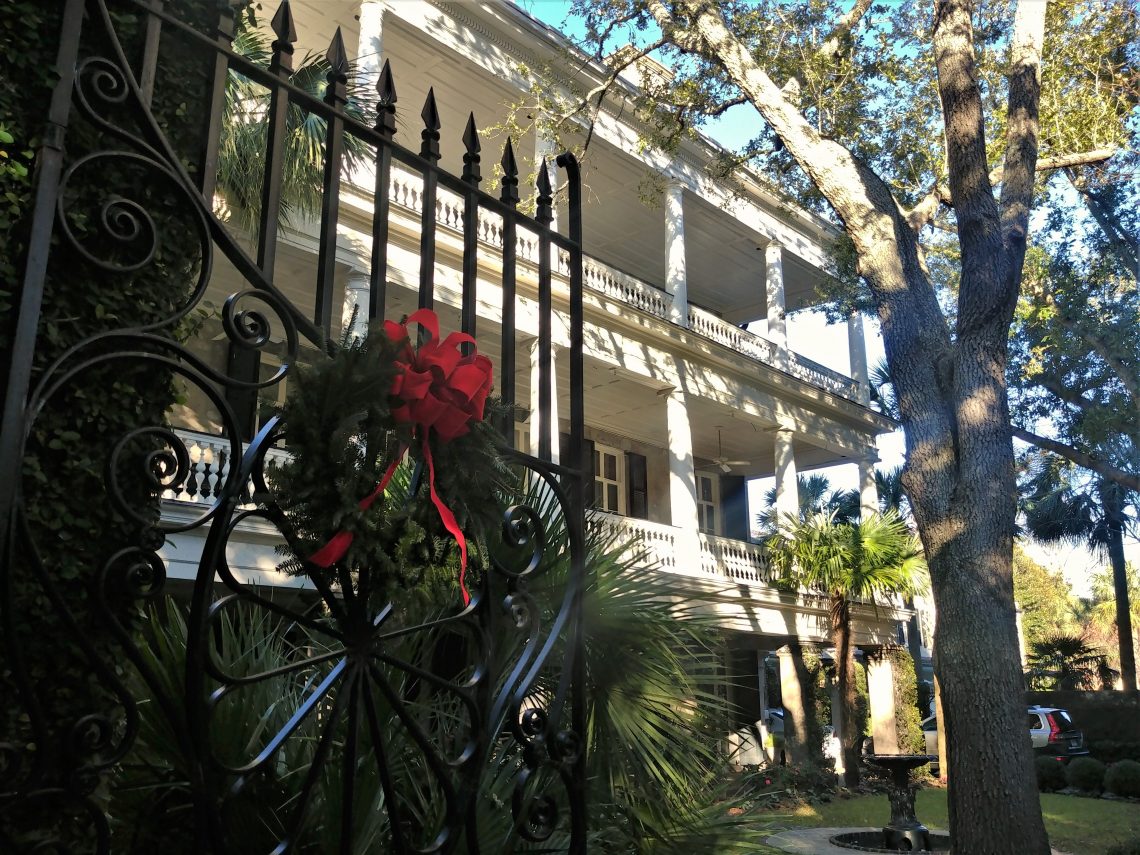 The beautiful gates at 10 Legare Street are dressed up for the holidays. Classic Charleston.