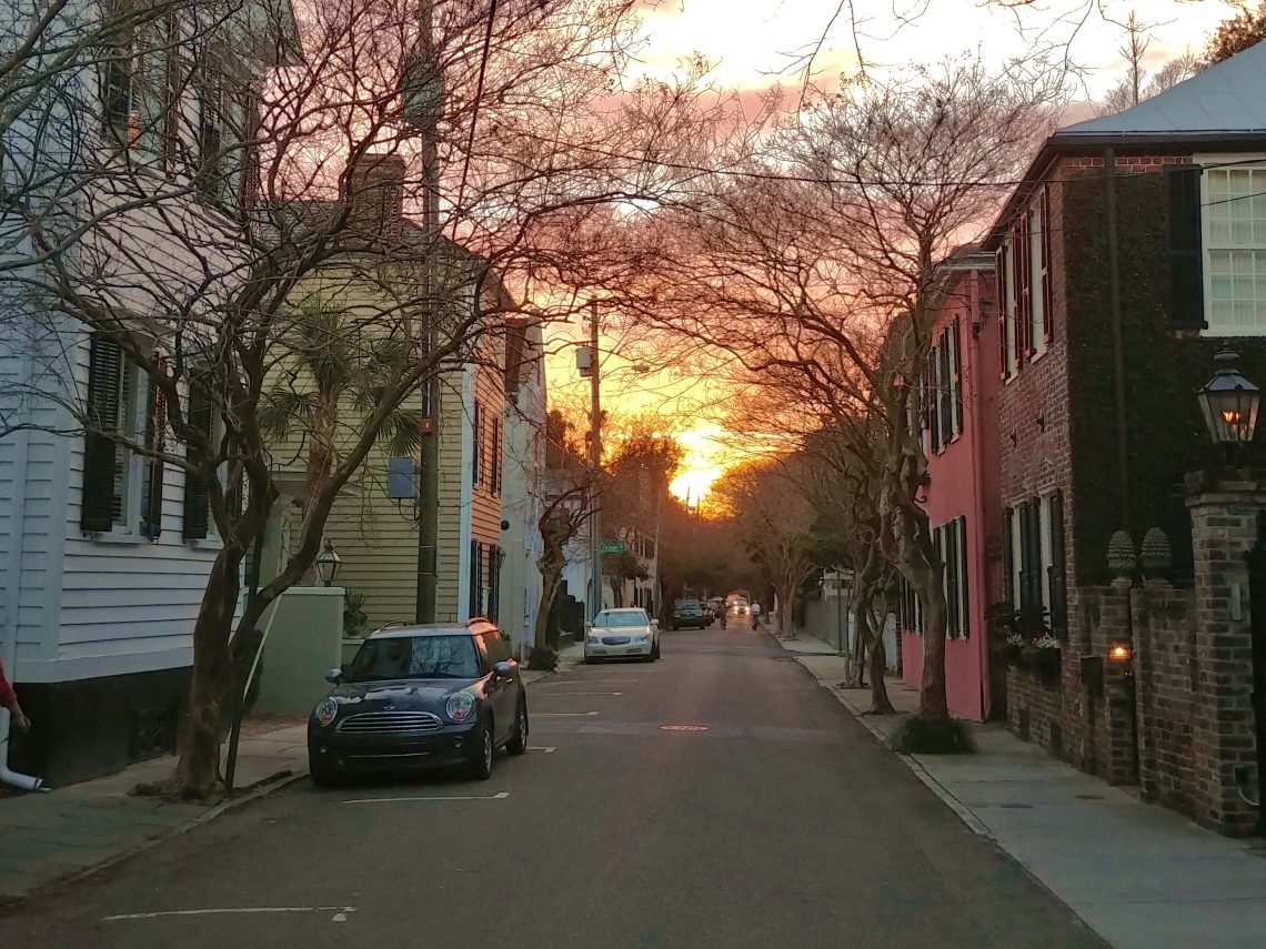 Looking west on Tradd Street, which is one of the few streets to traverse the entire Charleston peninsula, is a beautiful way to see the setting sun.