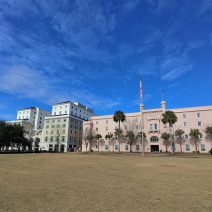 Before being renamed in honor of the Swamp Fox, Francis Marion, this open space at the heart of downtown was called Citadel Green or Citadel Square. The pink building was the original site of the Citadel.