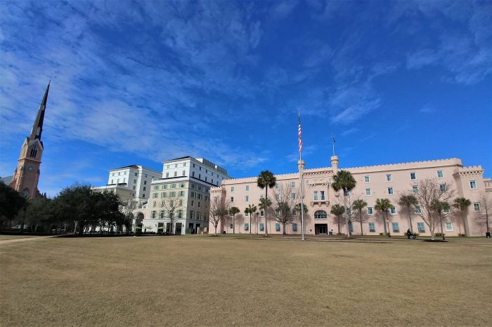 Before being renamed in honor of the Swamp Fox, Francis Marion, this open space at the heart of downtown was called Citadel Green or Citadel Square. The pink building was the original site of the Citadel.