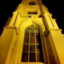The steeple of the Unitarian Church looks beautiful, and a bit spooky, at night. The construction of the church began in 1772 and wasn't completed until 1787 -- as work was suspended for the duration of the British occupation of Charleston during the Revolutionary War.