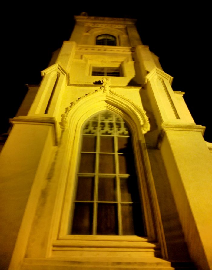The steeple of the Unitarian Church looks beautiful, and a bit spooky, at night. The construction of the church began in 1772 and wasn't completed until 1787 -- as work was suspended for the duration of the British occupation of Charleston during the Revolutionary War.