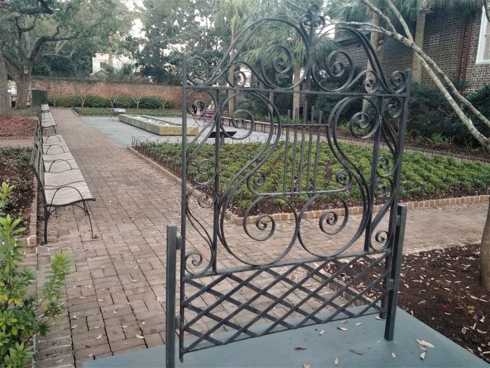 Theodora Park is one of Charleston's cool pocket parks -- located right across from the Gaillard Center on George Street. This stand-alone gate by Phillip Simmons honors all the contributions he made to the beauty of Charleston.