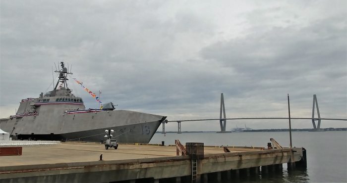 This very cool looking "Independence-variant littoral combat ship" is the 6th naval vessel to be named after the city of Charleston. It will be commissioned the USS Charleston at an event tomorrow.  It looks pretty good posing in front of the Cooper River Bridge.