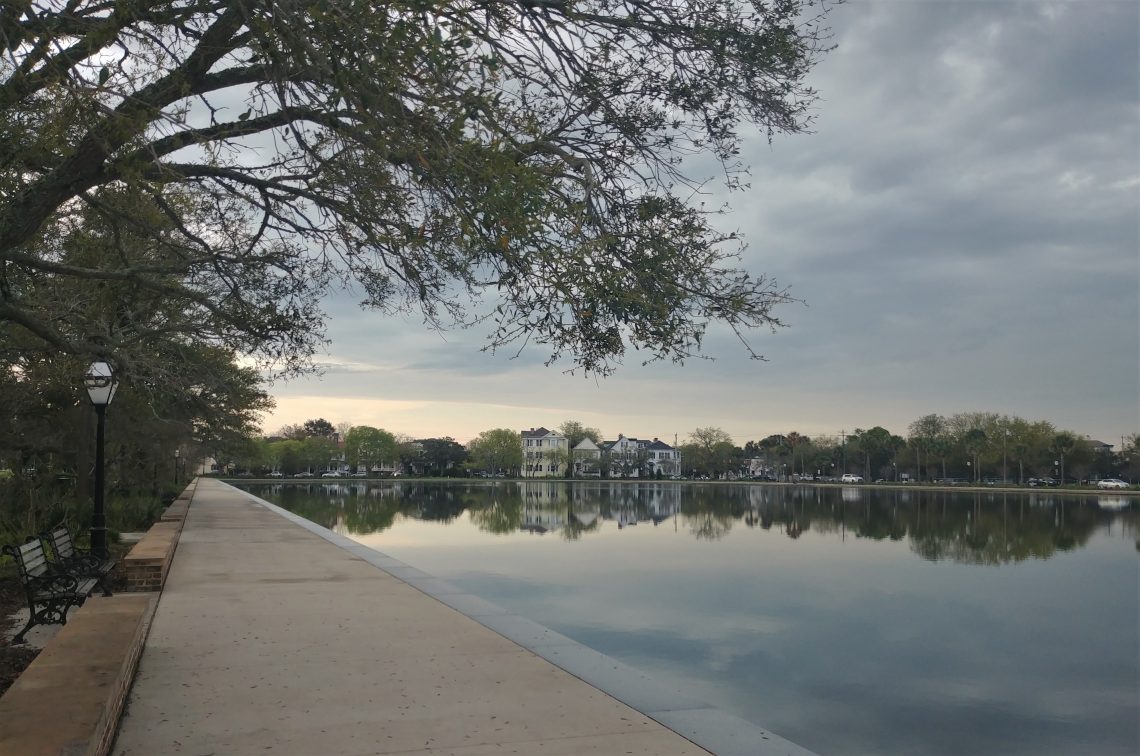 Colonial Lake is a beautiful spot to be in the early morning. The lake is connected to the Ashley River and its levels are generally driven by the tide, but there are now flood controls in place that can manage the water flow.