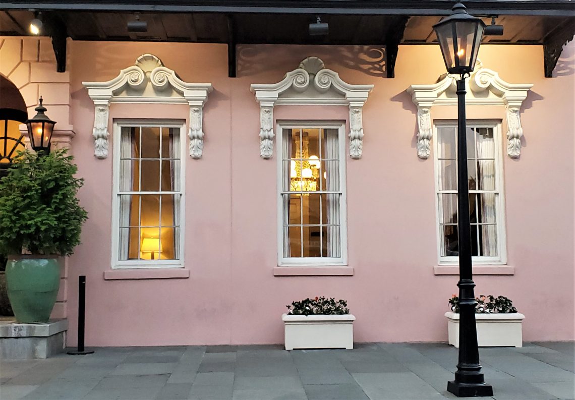 The Mills House Hotel on Meeting Street is a distinctive beautiful pink building, with wonderful details.