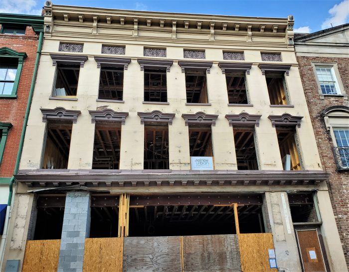 When the 200 year old facade of this building on King Street started bowing out and threatening to fall and crush pedestrians, the Nicks BBQ that had been there for 12 years had to move out. While no one was injured and the building has been stabilized and is being rehabilitated, the cheese biscuits they served have been missed.