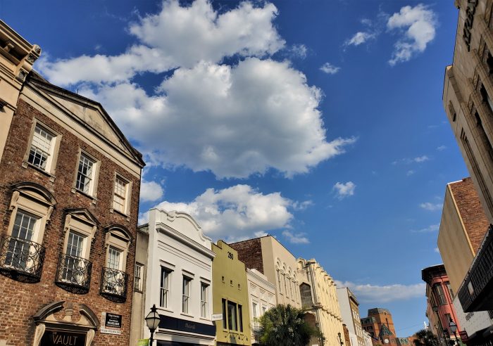 The top of the facades along King Street on a beautiful Charleston day.