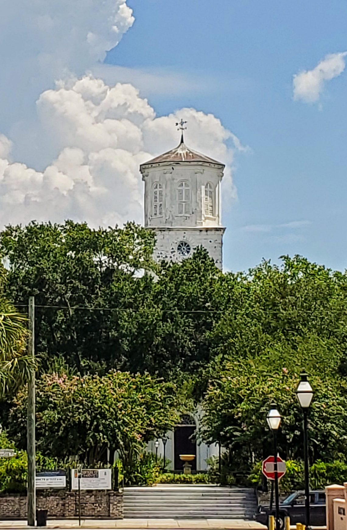 The fourth oldest church in Charleston (1811), Second Presbyterian on Meeting Street, has a distinctive steeple.