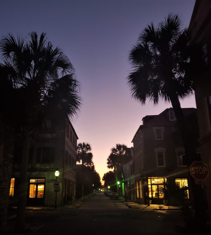 A beautiful Charleston evening as seen from the corner of Queen and State Streets.