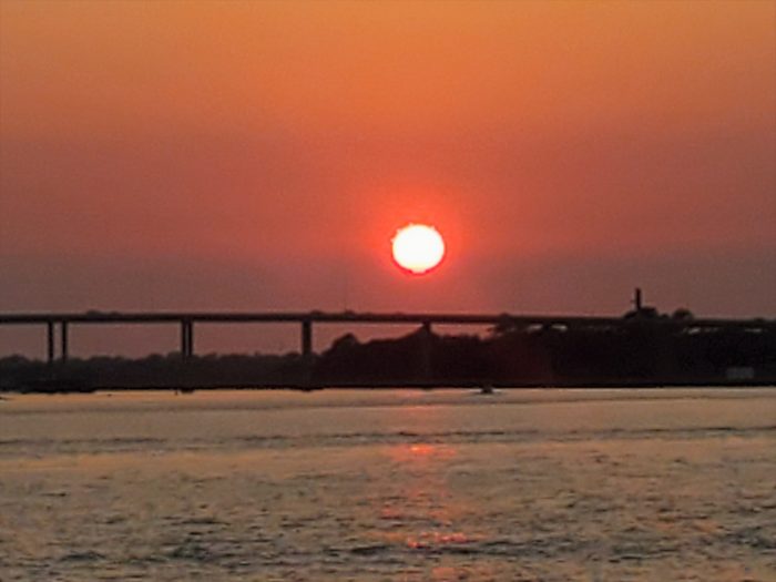 The sun going down behind the James Island Connector along the Ashley River. Coming from JI, the Connector feeds into Calhoun Street. When it was first conceived, it was supposed to feed right into the heart of the historic district on the significant colonial era Broad Street. Citizen outrage caused it to be moved to the more appropriate current location.