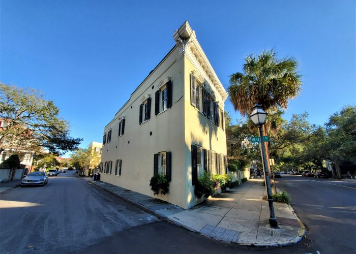 This angular antebellum Charleston house, built in 1860, is located at the corner of Meeting and Water Streets. 