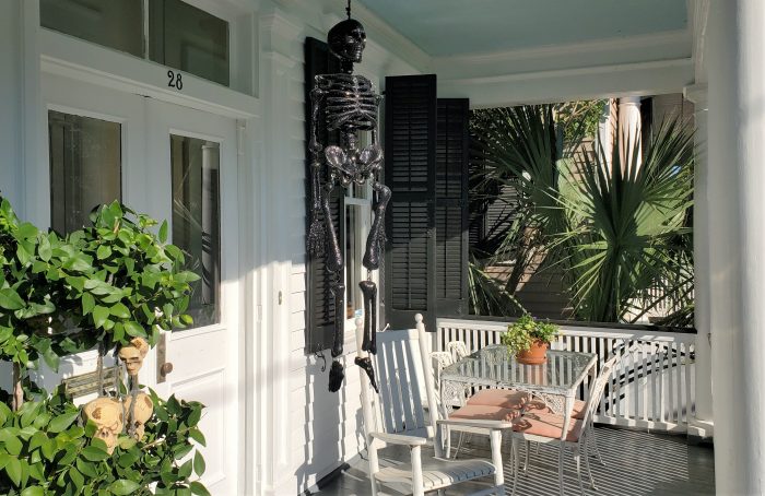 The blue color on the ceiling of this Charleston porch is intended to ward off evil spirits known as "haints."  It apparently is ineffective against sparkly skeletons or skulls.