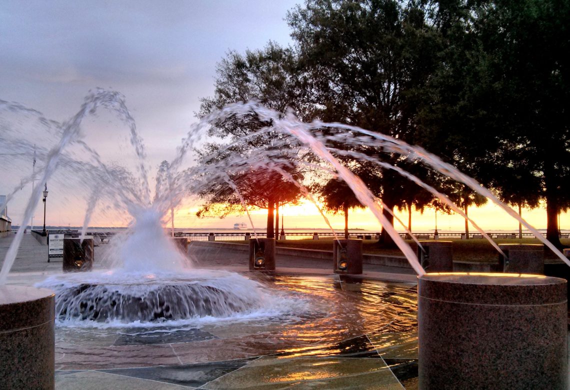 One of the beautiful fountains at Waterfront Park. From there you have a wonderful view of Charleston Harbor -- including Fort Sumter seen in the distance.