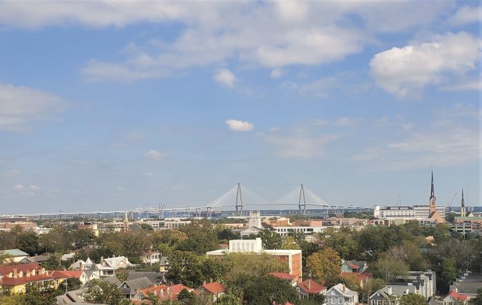 A bird's-eye view across the Charleston peninsula to the Cooper River Bridge (aka the Ravenel Bridge). The third longest cable-stayed bridge in the western hemisphere, the bridge is a pleasure to drive, walk, bike or run across.