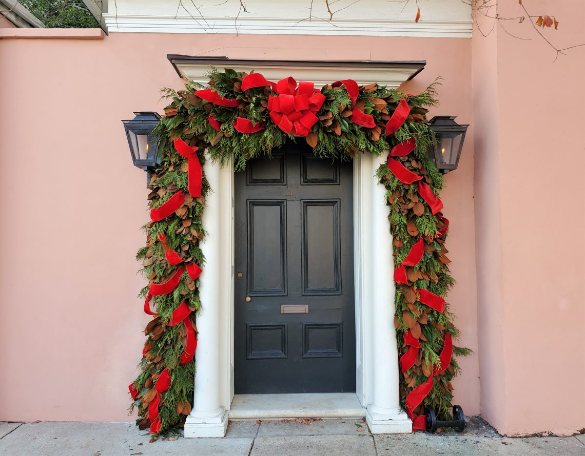 This well dressed door on East Bay Street belongs to house that was built about 1740 -- and was home to Anne Boone -- the daughter of an early Puritan refugee to Charleston, who had helped execute King Charles I.