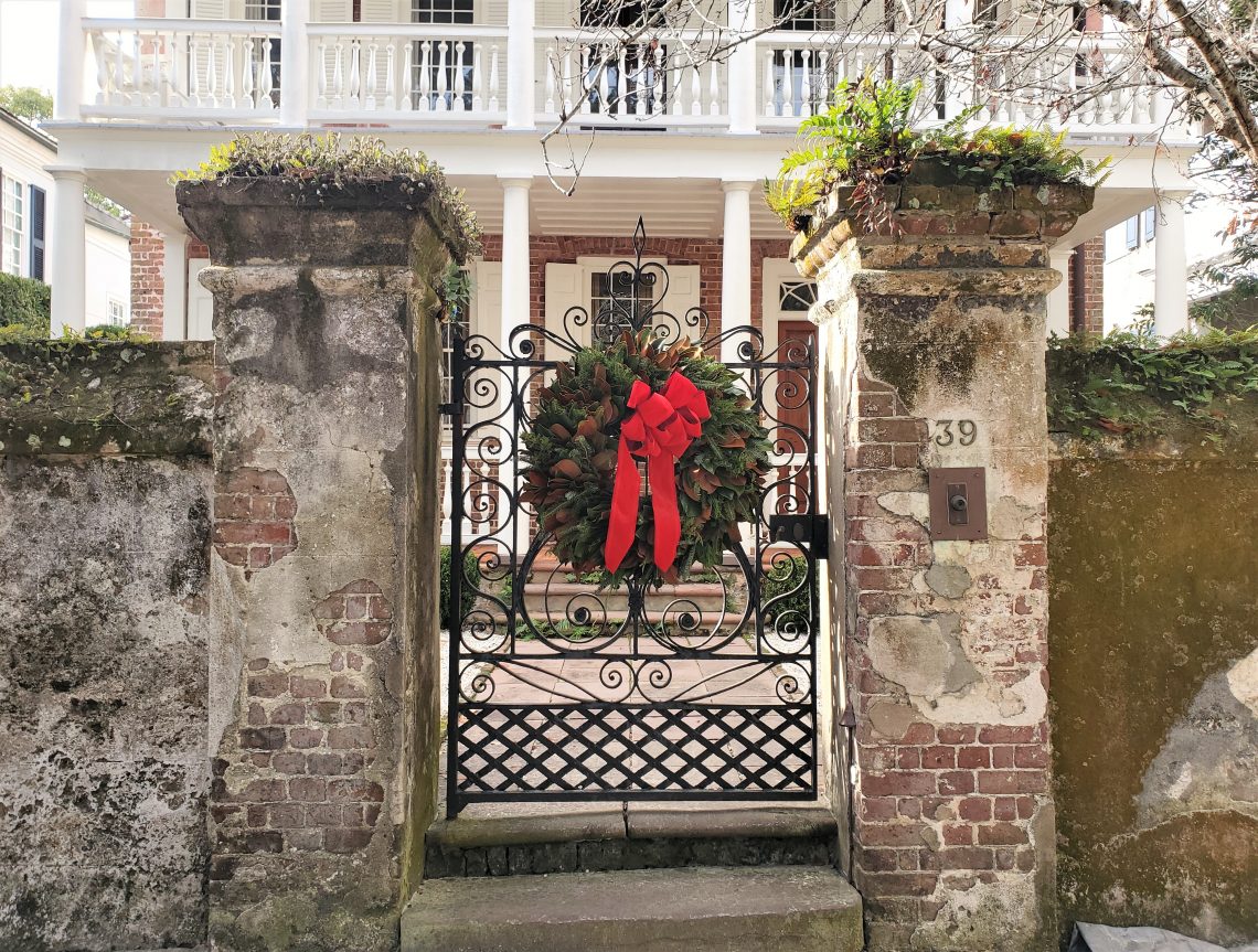 This wreath-wearing gorgeous gate can be found on Church Street, along "The Bend." If you look closely, you will see that the front door to the house is not symmetrical with the gate -- as the house was damaged by a hurricane in 1752 and the door migrated to the right in the subsequent repairs.