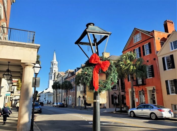 Broad Street is very festive looking during the holidays. This view includes some of the Four Corners of Law, the intersection of Broad and Meeting Streets. That phrase was coined by  Robert Ripley, creator of Ripley's Believe it or Not!