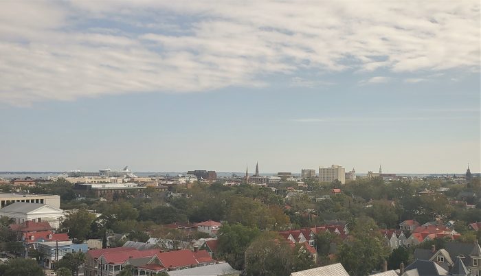 A view of the modern day Charleston "skyline." One of newest additions is the cruise ship.  Hmmmm...