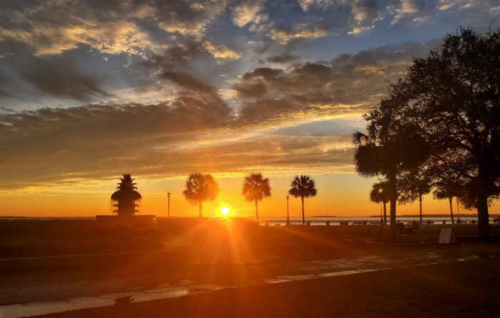 A beautiful sunrise seen across Joe Riley Waterfront Park.  Serving over 40 years, Joseph P. Riley Jr. was the longest serving Charleston mayor and the 22nd longest in US history.