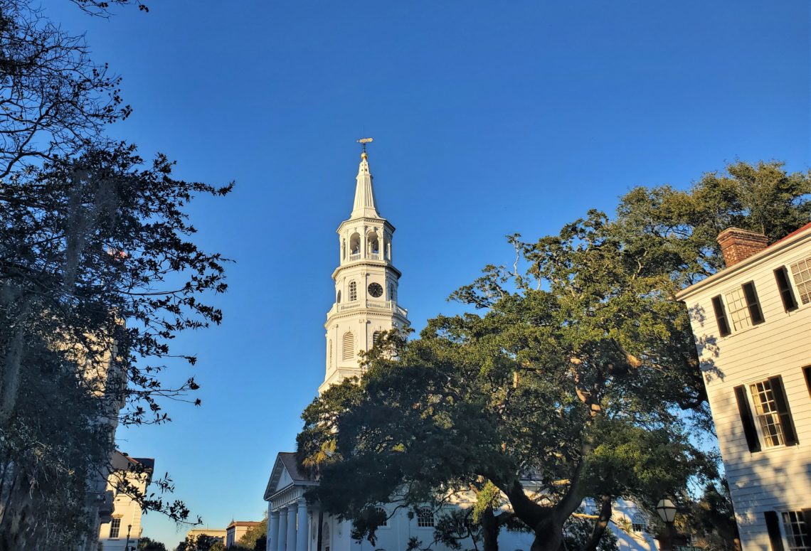 A view up Meeting Street to the steeple of St. Michael's Episcopal Church. St. Michael's is the oldest standing religious building in the city -- built between 1751 and 1761, replacing the St. Phillip's original wooden church built in 1681.