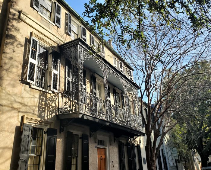 This post-Revolutionary War house (built 1790) on Church Street boasts some beautiful cast ironwork. Cast iron is made by pouring molten iron into a mold, while wrought iron is creating by hammering hot iron into the desired shape.