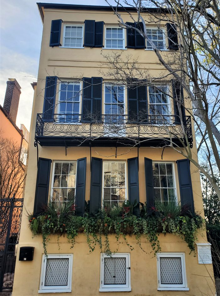 Built just after the American Revolution, this colorful house on Meeting Street is the youngest of the famed Three Sisters houses. Not only is it a beautiful house, it consistently has some of the most eye-catching window boxes in the city.