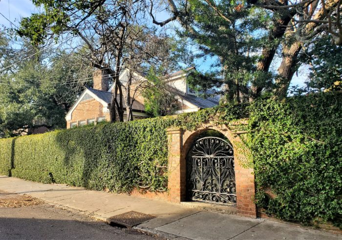 This beautiful sunlit wall and gate can be found on Gibbes Street -- which not named after the benefactor of the wonderful Gibbes Museum of Art.