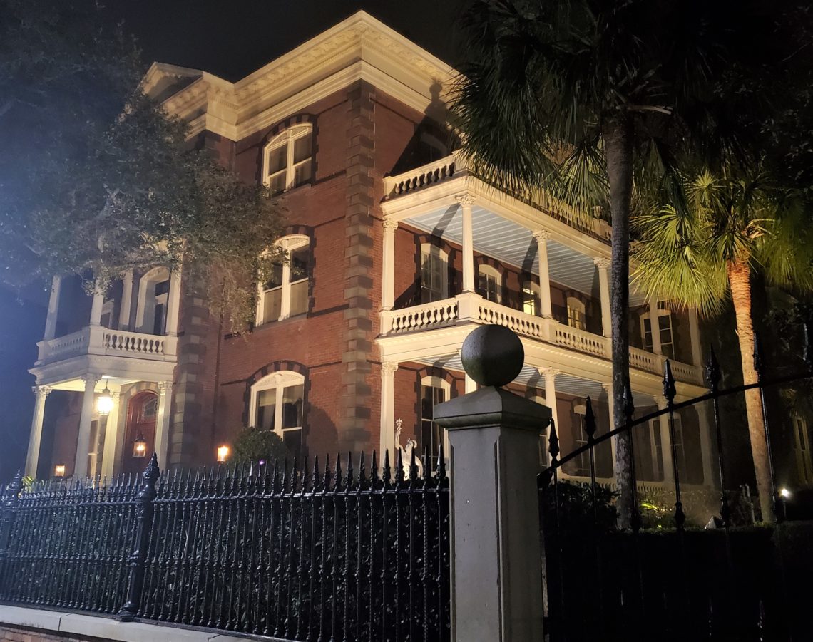 Looking a bit spooky at night, the Calhoun Mansion on Meeting Street is the largest single family house on the Charleston peninsula. At over 24,000 square feet, it has about 35 rooms and 23 fireplaces.