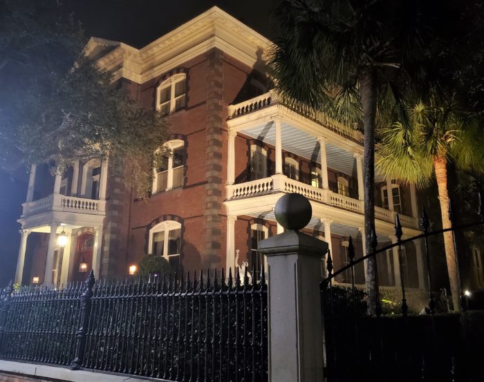 Looking a bit spooky at night, the Calhoun Mansion on Meeting Street is the largest single family house on the Charleston peninsula. At over 24,000 square feet, it has about 35 rooms and 23 fireplaces.