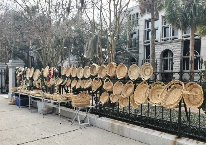 A beautiful array of Sweetgrass baskets for sale on Meeting Street. Tracing their origin back to the 1600's with the arrival of enslaved Africans, they were originally used to separate rice seed from its chaff. Now they are treated as works of art, including some that are on permanent display in the Smithsonian Museum (and others).