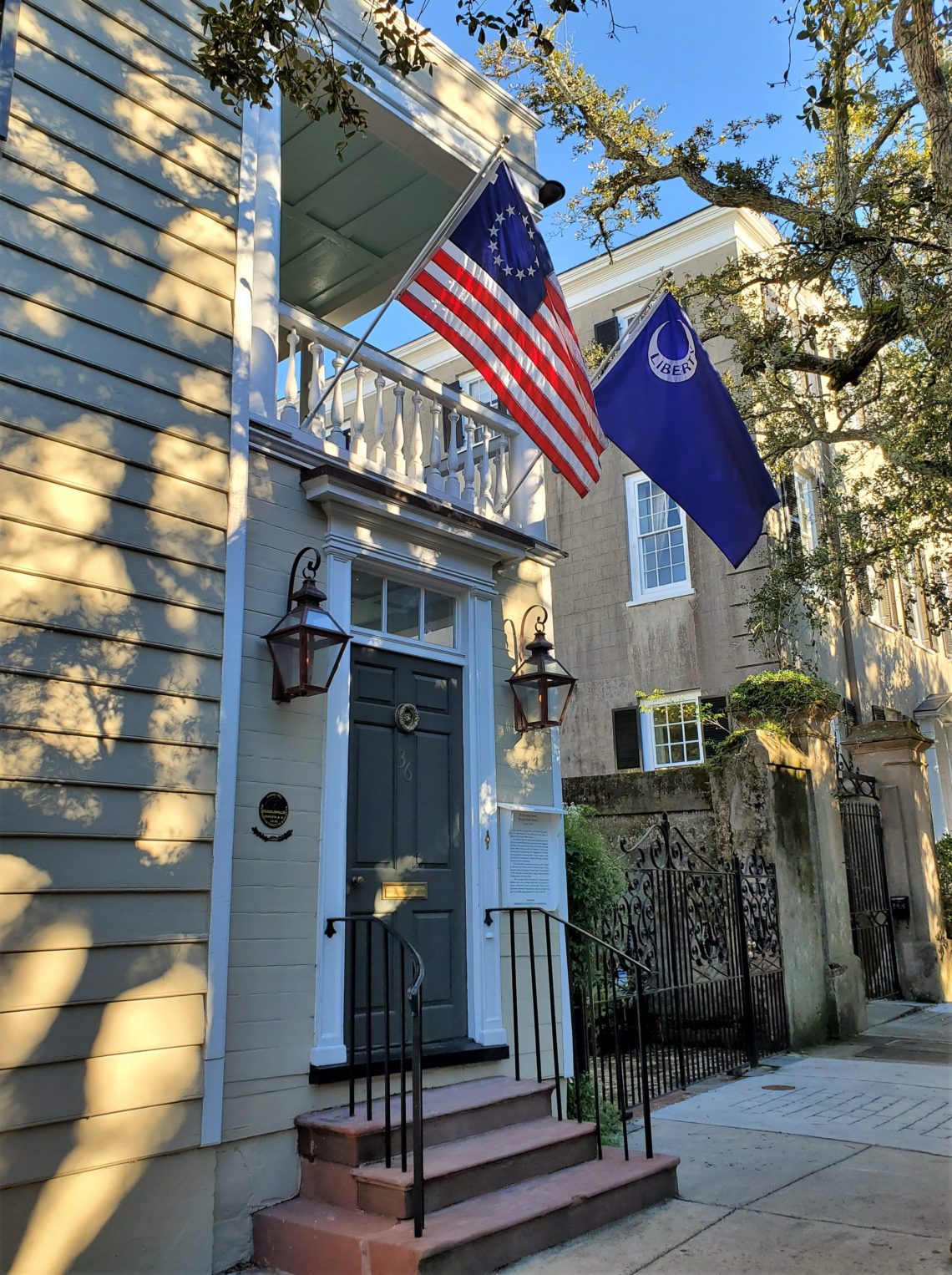 This beautiful house on Meeting Street, c.1740, is known for the original woodwork in its interior. The mantle is believed to have been created by Thomas Elfe, a famous Charleston cabinet maker.