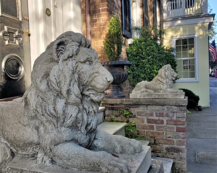 These regal lions are on guard outside of a house (c. 1850) on Tradd Street, that was built by William C. Bee -- best known as the owner of the premier blockade running business during the Civil War.