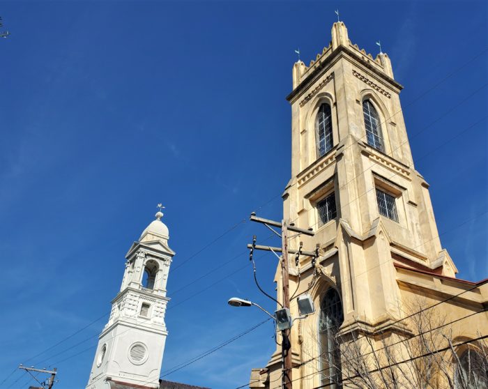 These steeples, which help contribute to Charleston's Holy City moniker, can be found on Archdale Street. St. John's Lutheran Church is on the left, and on the right is the Unitarian Church -- which was occupied and used as barracks by both the American and British forces during the Revolutionary War.