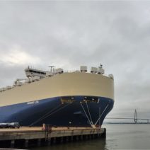 The port has always played a critical role in Charleston's life. Here a car carrier, likely in town to pick up BMW's manufactured in upstate SC, is posing against the Cooper River Bridge. In 2016, BMW and the port celebrated the shipping of the 2,000,000th BMW made in SC through Charleston.