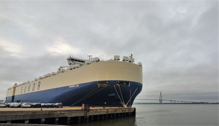 The port has always played a critical role in Charleston's life. Here a car carrier, likely in town to pick up BMW's manufactured in upstate SC, is posing against the Cooper River Bridge. In 2016, BMW and the port celebrated the shipping of the 2,000,000th BMW made in SC through Charleston.